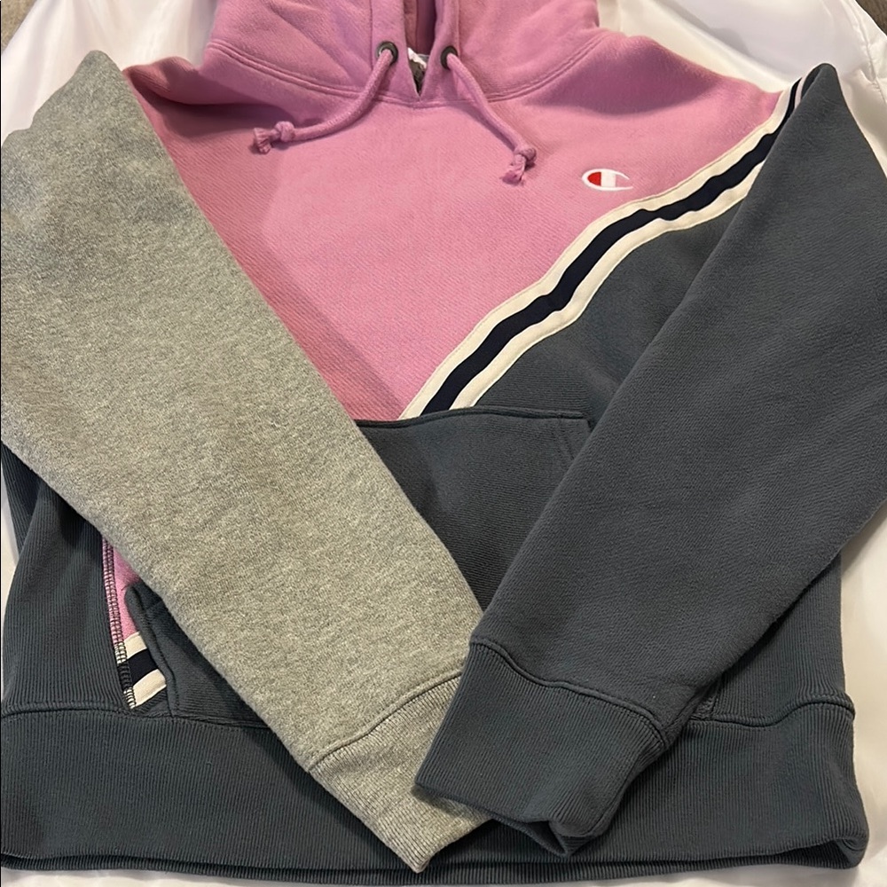Champion Pink Hoodie with Navy Stripe.  Like New Condition